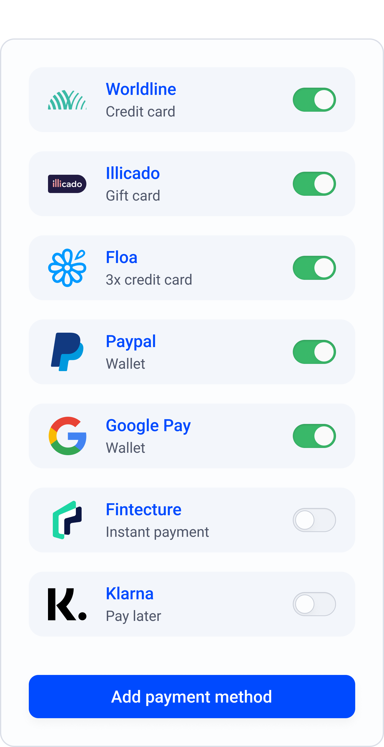 Payment methods list